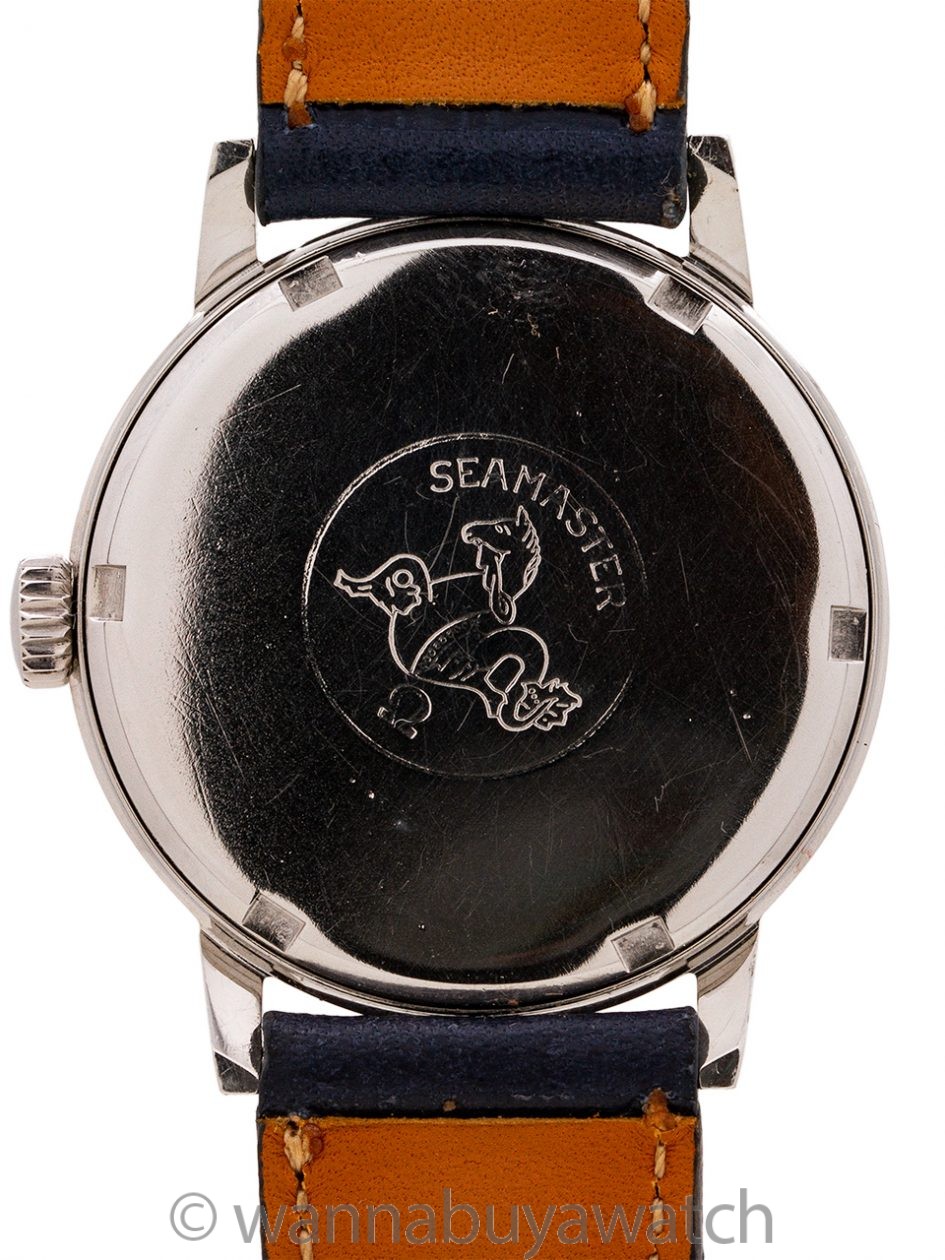 Omega Seamaster 135.011. External Seamaster caseback. Historical pre-replacement photograph. · Photo: Wanna Buy A Watch · © Wanna Buy A Watch; permission not yet confirmed · Source: https://wannabuyawatch.com/product/omega-seamaster-600-radial-dial-ref-135-011-circa-1968/
