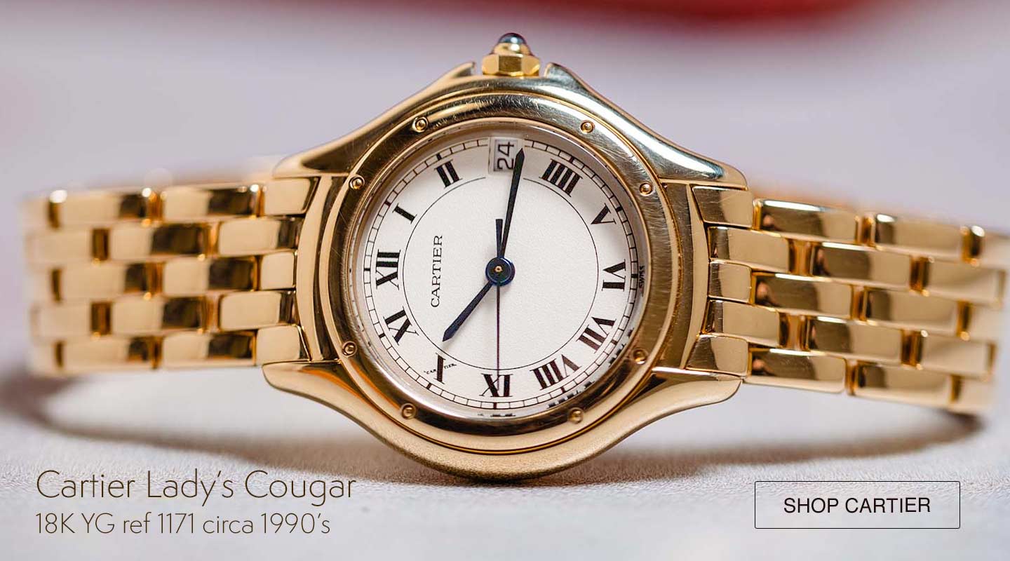 A scarce and fine condition example 18K YG lady Cartier Cougar ref 1171 circa 1990’s. Featuring a round 27mm diameter case with rounded stepped bezel secured by screws, antique white dial with classic Cartier Roman figures and blued steel hands.