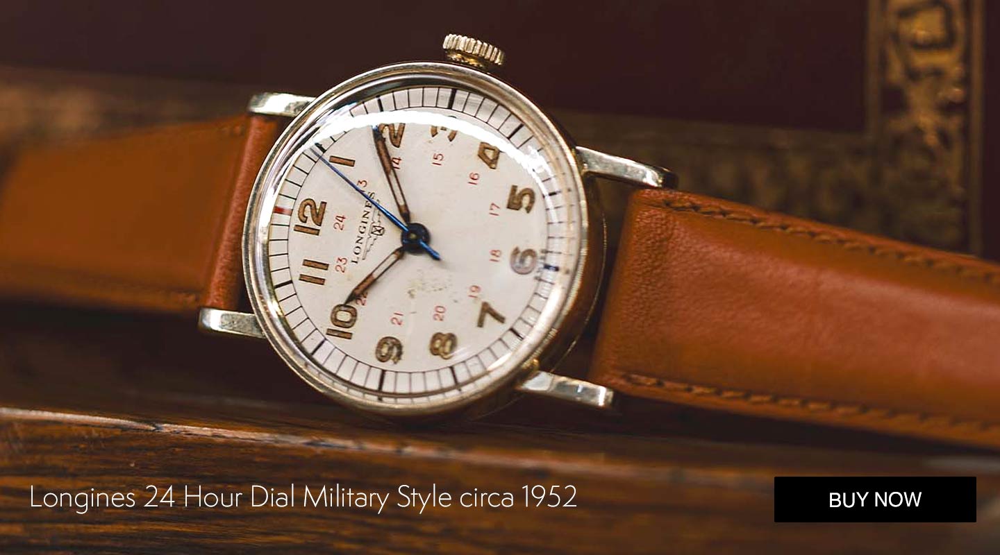 A great looking vintage military style Longines circa 1952. Featuring a robust design 31 x 39mm case with extended straight lugs, rounded snap back case, and with military inspired features to the dial.