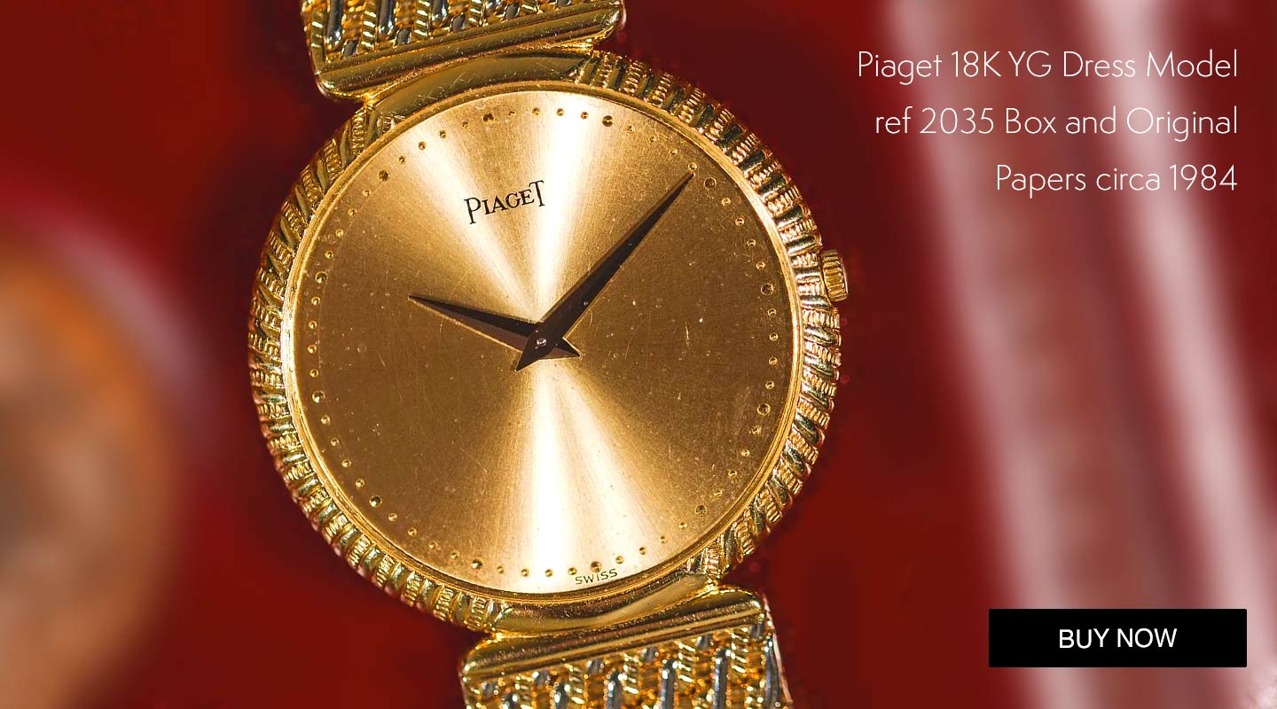 Piaget 18K YG + WG man’s stylish medium size dress model ref 2035 circa 1984 with integral finely woven white and yellow gold bracelet. Featuring a 32mm diameter stylish round case with decorated bezel, with original lovely champagne dial with subtle raised pearl minute track and tapered gold hands, and with integral white and yellow gold bracelet with folding Piaget signed clasp.
